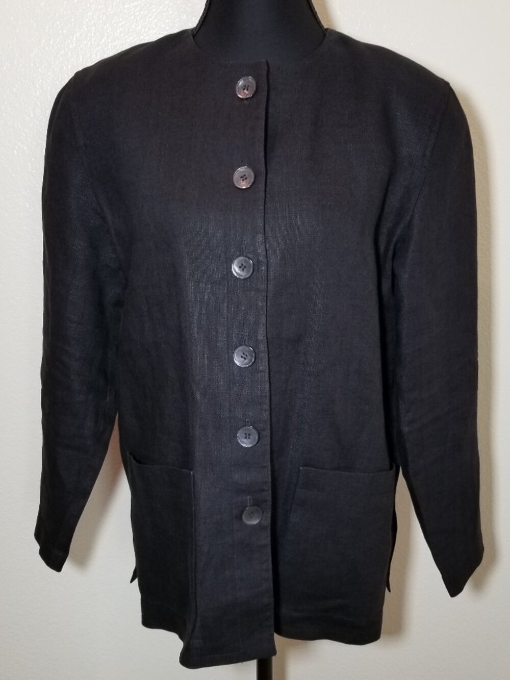 Liz Claiborne Womens 4 Petite Black Linen Blazer Preppy Old Money Granny Office